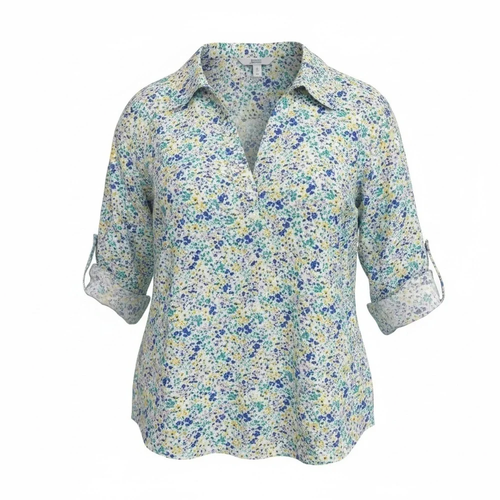 Croft & Barrow Floral Button-Up Blouse | Roll-Tab Sleeves | 1X - Picture 3 of 12